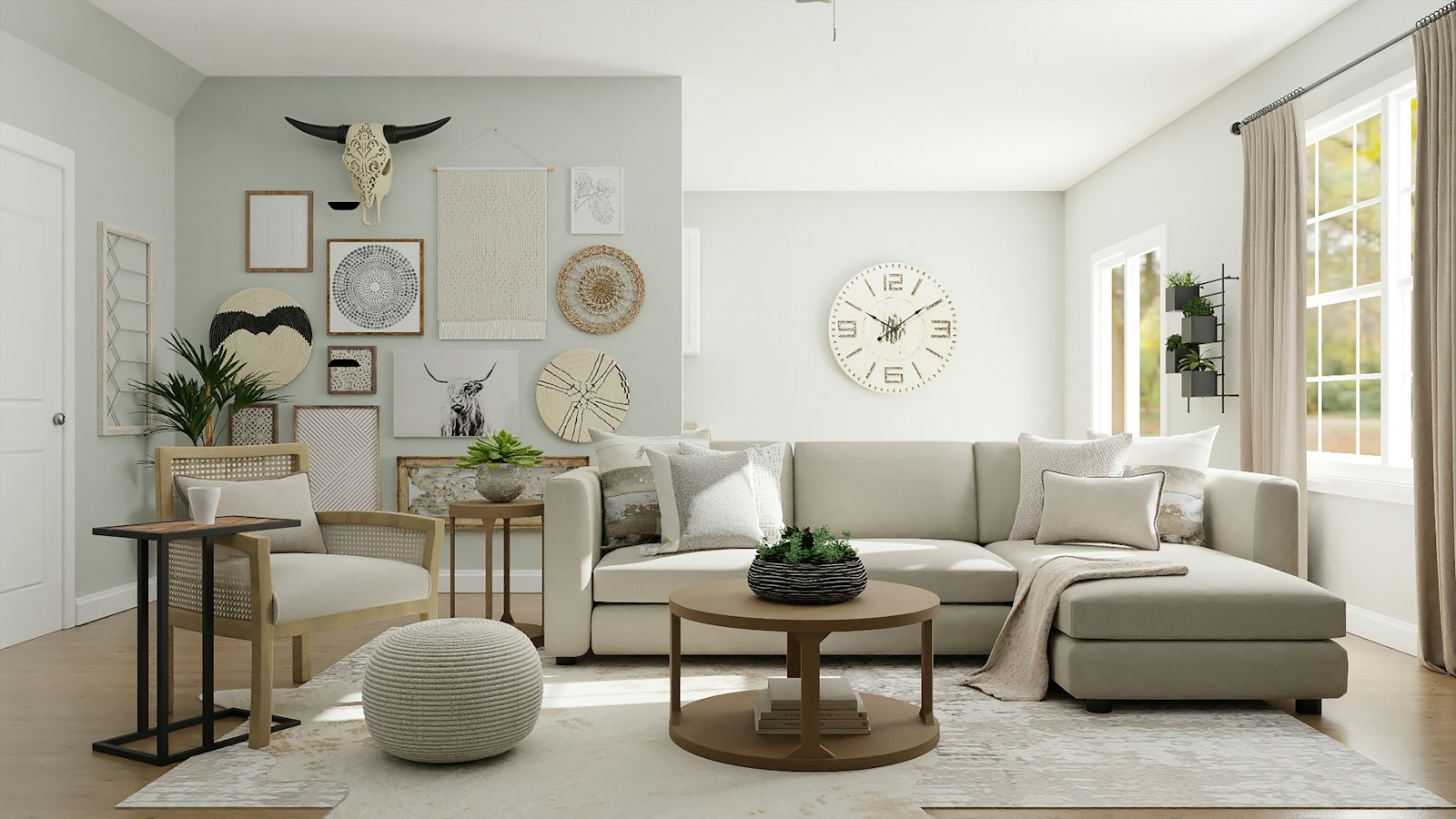 Light-filled room with a large gallery wall above a neutral sofa