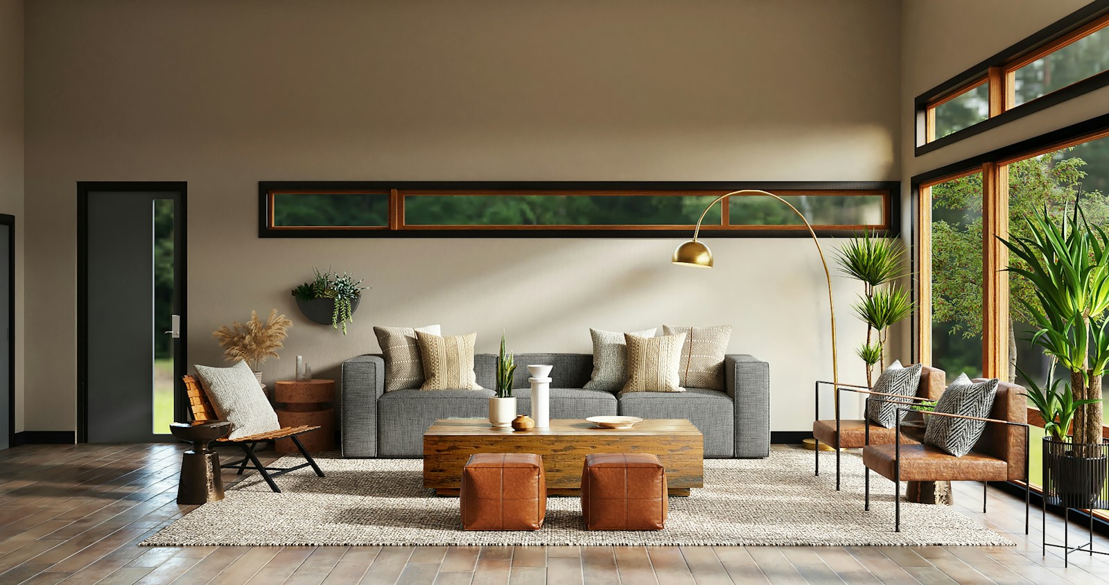 Warm neutral room with natural textures and an open wall above the sofa