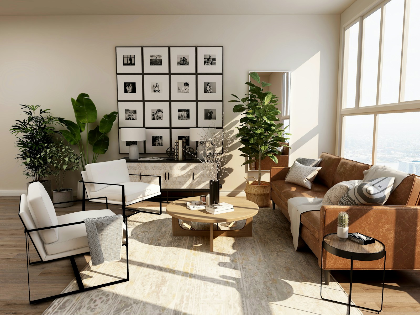Sunlit living room with a structured framed photo wall and warm natural furnishings