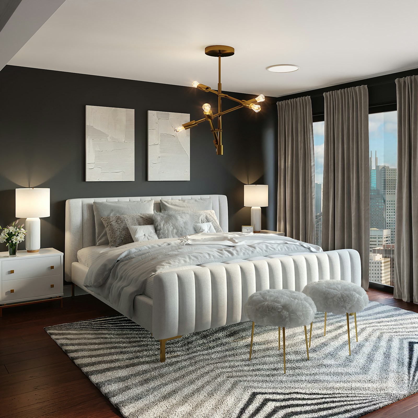 Bedroom with textured neutral wall, light artwork, and soft bedding